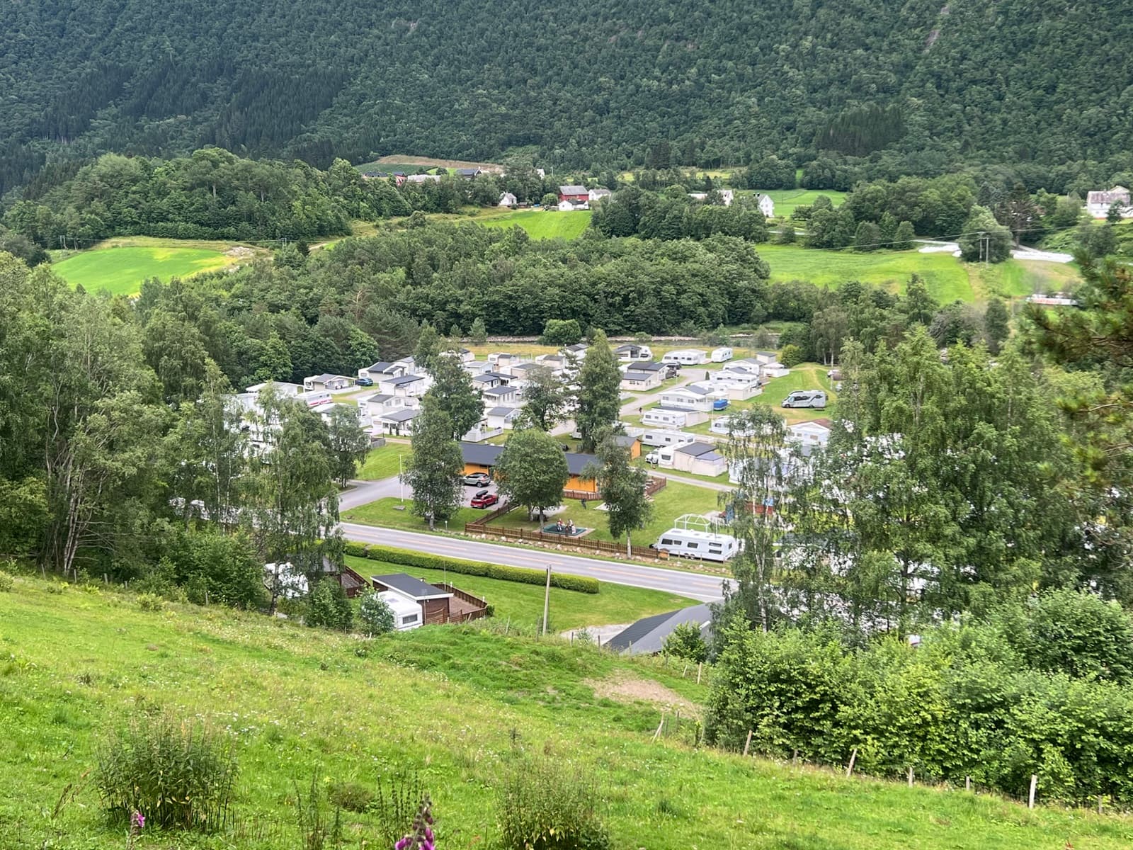 Valldal Camping sett ovanfrå i den grøne dalen